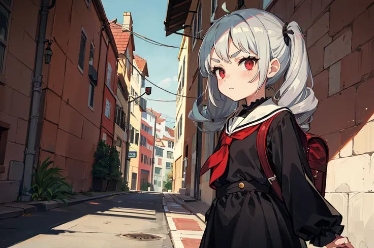 Young girl with grey hair, ((fringed and curly hair)),((curly short twintail)), curly hair ,(red eyes),, ((small bushy eyebrows)), wearing gothic lolita clothing, lolicon , to school, bored eyes, bored face , walking to school, 