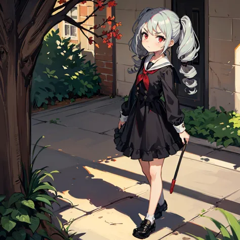 Young girl with grey hair, ((fringed and curly hair)),((curly short twintail)), curly hair ,(red eyes),, ((small bushy eyebrows)), wearing gothic lolita clothing, lolicon , to school, bored eyes, bored face , walking to school, , showing pussy