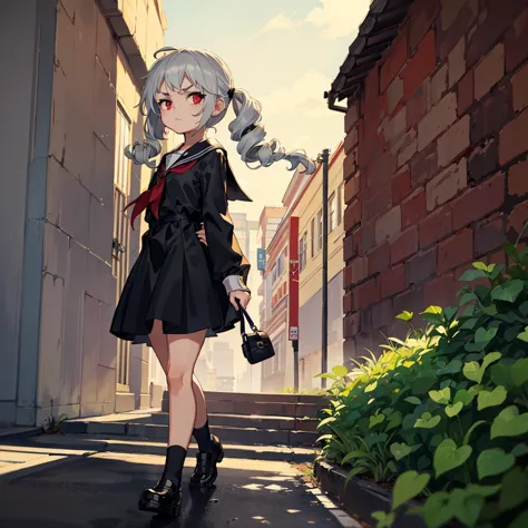 Young girl with grey hair, ((fringed and curly hair)),((curly short twintail)), curly hair ,(red eyes),, ((small bushy eyebrows)), wearing gothic lolita clothing, lolicon , to school, bored eyes, bored face , walking to school, , showing pussy