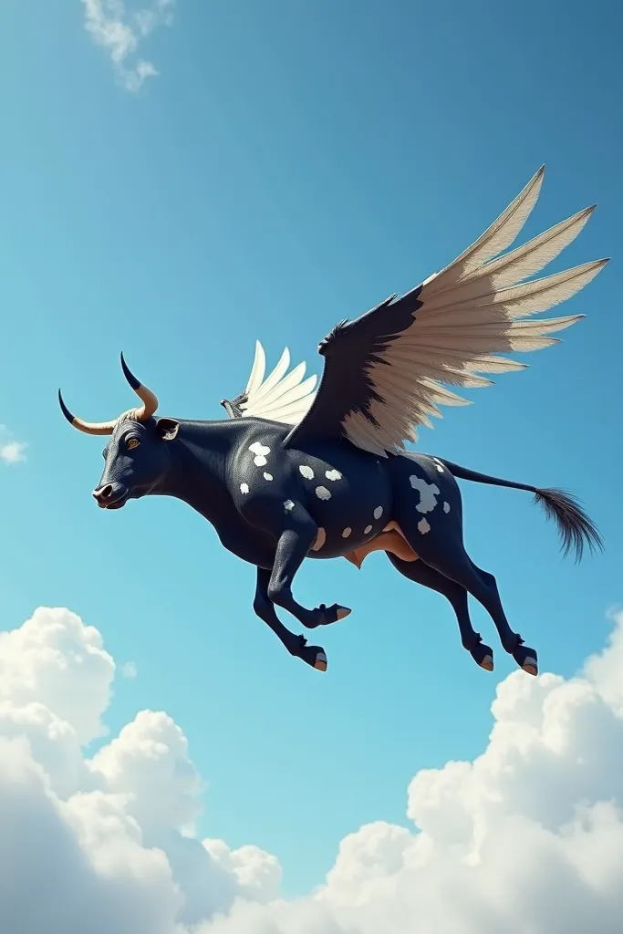 A black cow is a spotted white with wings flying in the sky 