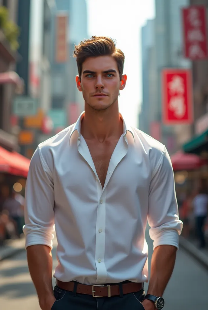 charming masculine guy with a white shirt in the city