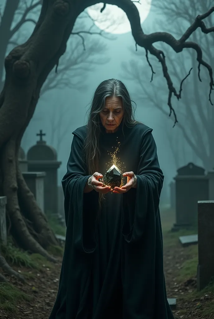 Elderly witch woman at the cemetery according to a shimmering black crystal