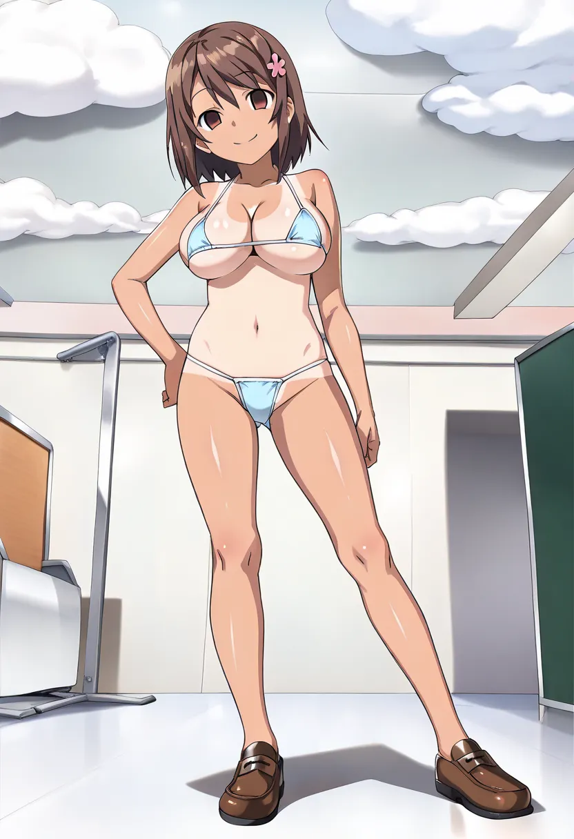 A Mysterious Transfer Student。 Heavy snowfall area and girl, (large breasts:1.3) ,   brown eyes, tan, tanlines, one-piece tan, Hair Ornament, brown hair, Hair Ornament, 11years old, empty eyes, MICRO Bikini, large cloud, solo, full body, smile