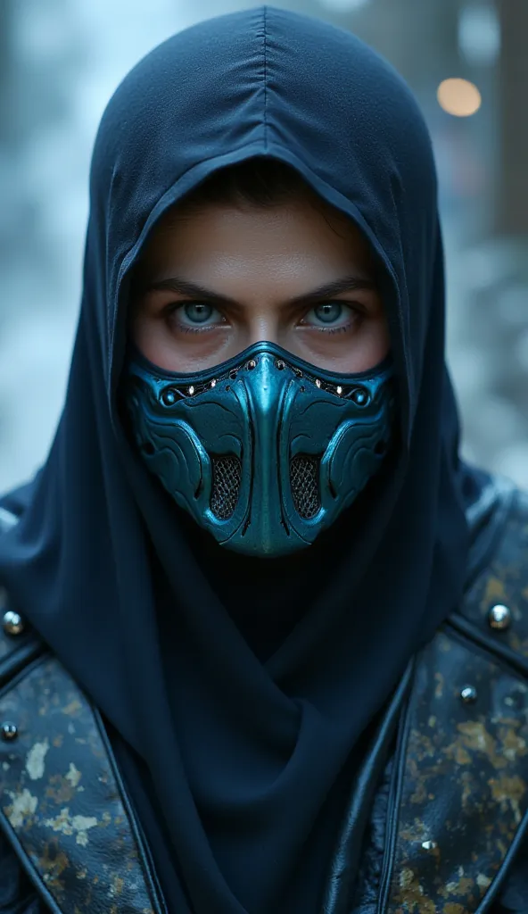 Here is the prompt adjusted to focus **only on the face** like ****, with a shiny metal mask and details blue, in a hyper realistic setting:  

---  
**"Close-up hiper-realista do rosto like , the warrior of * mortal kombat*.  She has a calm expression , b...