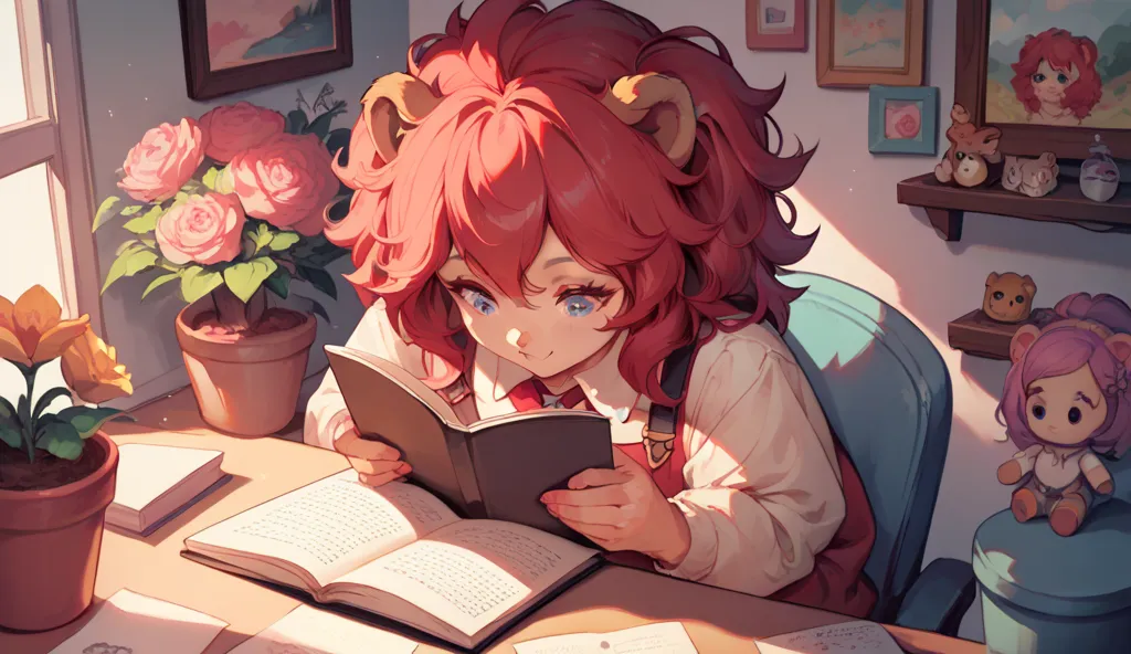 cute and cute baby lion in a cute bathroom, studying with a notebook, with a dolls, with flowers around, light colors, pastel tones, red pastel hair
maximum resolution, texture, painting style, high resolution and high quality photography