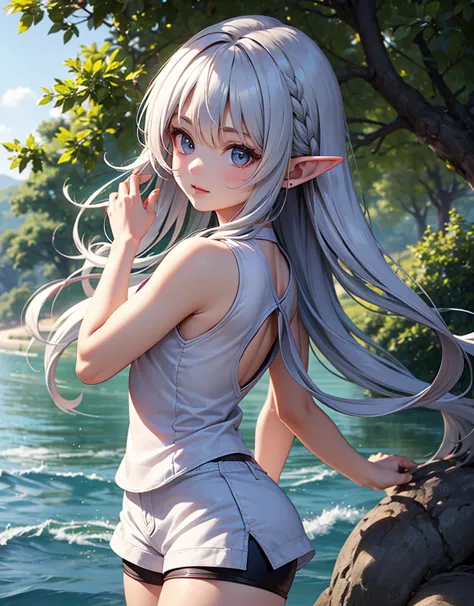 forest spirits of trees、 elf girl 、Long Silver Hair、carefully braided hairstyles on the sides、 Smooth Hair、 Elf's Pointed Ears、Eyes the color of the sea、Fair skin、Sleeveless elf clothes、white shorts and transparent miniskirt、greatest masterpiece、super imag...