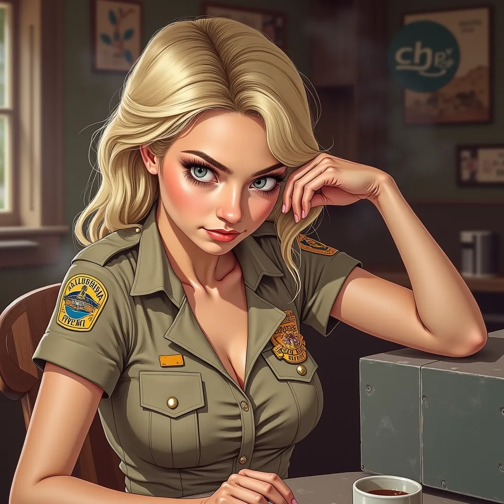 POV, solo, cafe background, table, blonde woman, 1girl, stroking viewers head, armpit stain, sweat, huge armpit black stain sweat, sweaty girl, looking at viewer, steam, CHP CALIFORNIA UNIFORM Wearing UNIFORM KHAKI COLOR.
