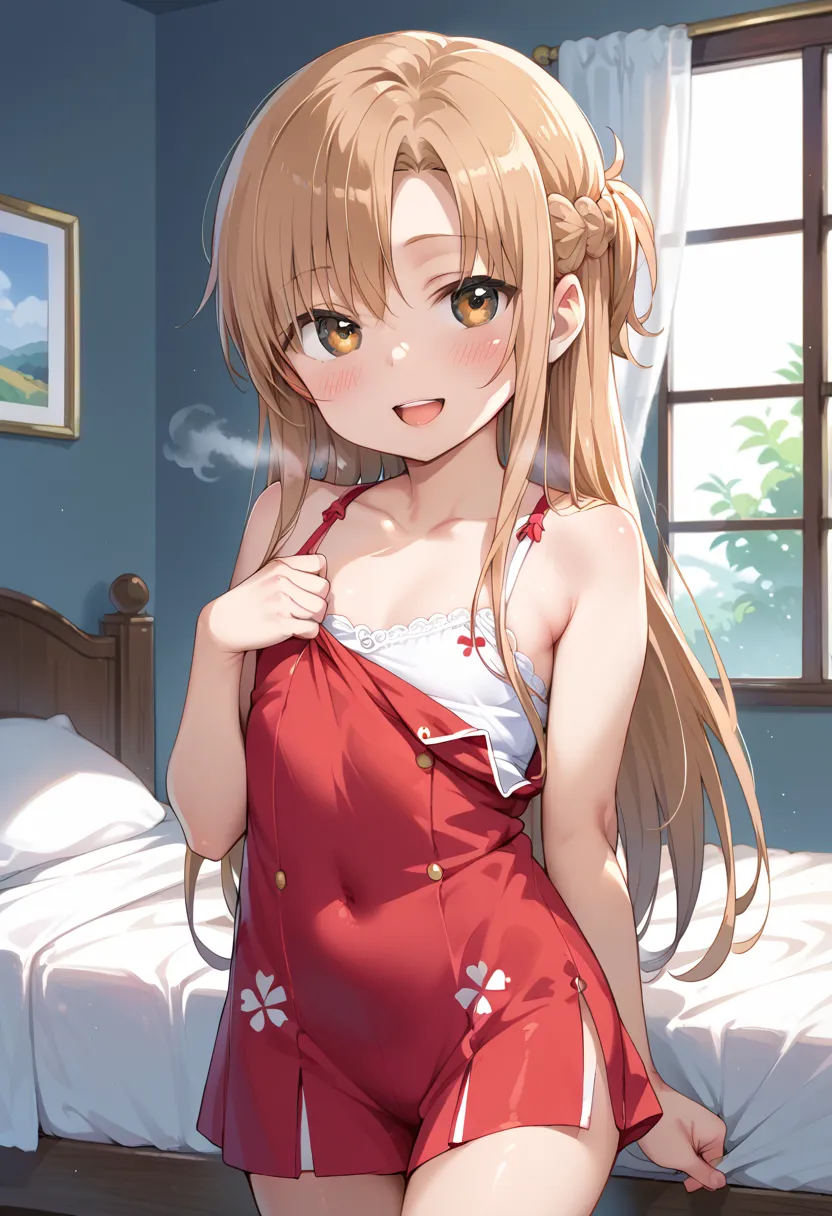 ((Best Quality)), ((masterpiece)), (be familiar with), perfect face, indoors, bedroom, viewer,
One woman, Asuna Yuki,
open mouth, steam clouds drift, blush, smile,
 small tits, flat chest, Young girl,  lori,  ,  girl,
long hair, long hair,
 open,