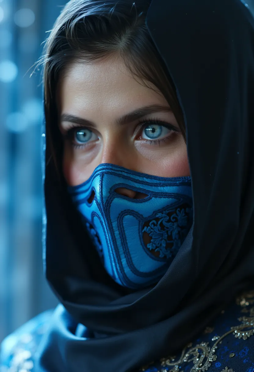 Here is the prompt adjusted to focus **only on the face** like ****, with a shiny metal mask and details blue, in a hyper realistic setting:  

---  
**"Close-up hiper-realista do rosto like , the warrior of * mortal kombat*.  She has a calm expression , b...