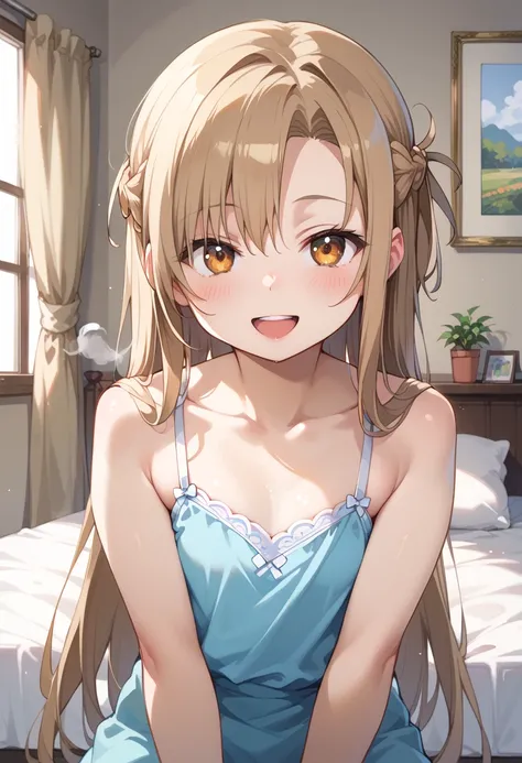 ((Best Quality)), ((masterpiece)), (be familiar with), perfect face, indoors, bedroom, viewer,
One woman, Asuna Yuki,
open mouth, steam clouds drift, blush, smile,
 small tits, flat chest, Young girl,  lori,  ,  girl,
long hair, long hair,
 open,