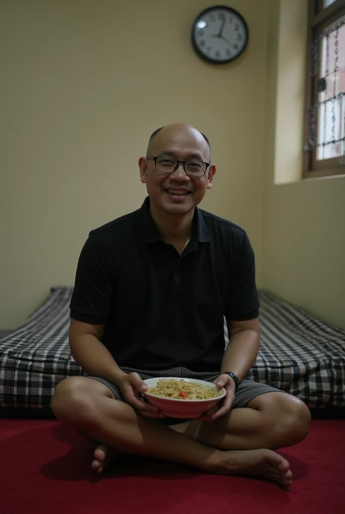 a bald, thin Indonesian man, wearing glasses, wearing a black polo shirt, sitting cross-legged on a red carpet, with a cream colored wall in the background, a small window, a wall clock with the hands pointing to 4:00, next to him a black and white checked...