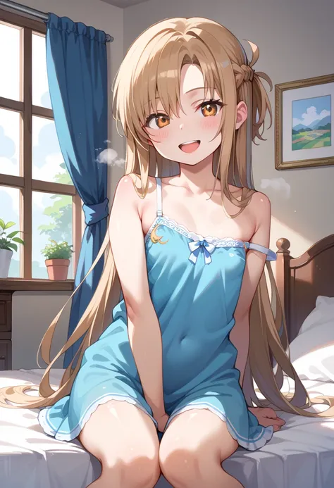 ((Best Quality)), ((masterpiece)), (be familiar with), perfect face, indoors, bedroom, viewer,
One woman, Asuna Yuki,
open mouth, steam clouds drift, blush, smile,
 small tits, flat chest, Young girl,  lori,  ,  girl,
long hair, long hair,
 open,