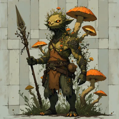 Draw a humanoid creature with various fungi on its body this creature holds a spear full of mushrooms, The eyes of this creature are of the orange flower and are bright, Does this creature have bottoms on its feet,The background of the image is a gray chec...