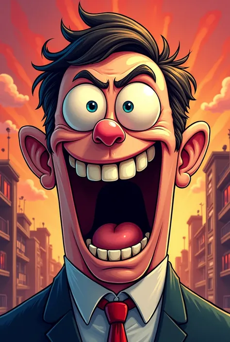 A charismatic character with an exaggerated and fun expression, on a vibrant and chaotic background that reflects the absurd. The image must transmit energy, humor and a surreal touch. Uses bold colors and dynamic lighting to highlight the face. Cartoon or...