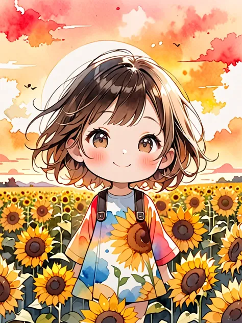  hyperrealism, Simple Line Acronym，Abstract art，Kitamura Nobuhiko style , Kawaii design ,  watercolor, Chibi watching the sunset, sunflowers, best smile