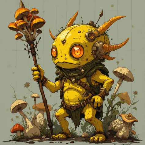 Draw a yellow-colored humanoid creature with various fungi on its body, this creature holds a spear full of mushrooms., The eyes of this creature are of the orange flower and are bright, Does this creature have bottoms on its feet,The background of the ima...