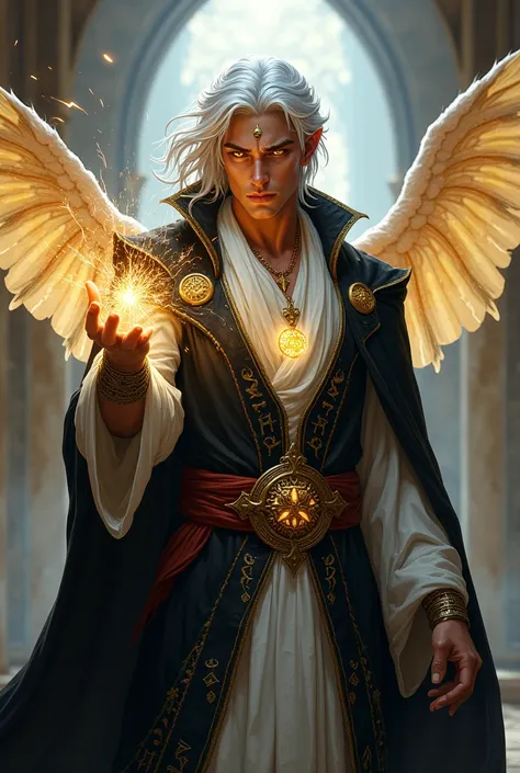 A majestic Aasimar Sorcerer with silver hair, golden glowing eyes, and radiant marble skin. He wears ethereal black and white robes adorned with golden arcane symbols. A flowing cape drapes behind him, and faint, luminous wings shimmer in the air. His hand...