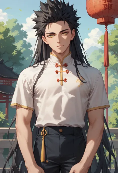 masterpiece, best quality, 
raikonbb, 1boy, male focus, solo, yellow eyes, black hair, spiked hair, very long hair, 
chinese clothes, shirt, white shirt, 
outdoor