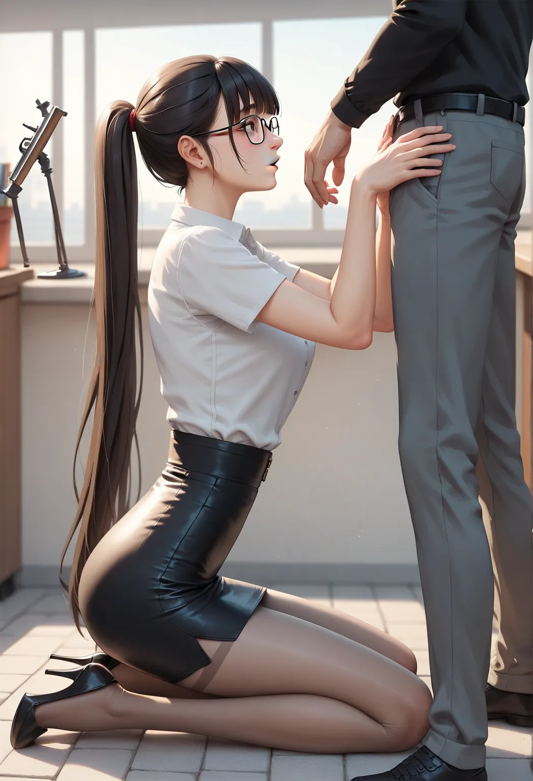  a mannequin of a very old little Asian woman the size of the lives of two students, skinny, Tiny,  with long hair  ,  long ponytail ,  bangs, and beautiful facial features ,  wearing a sexy student suit ， including a leather pencil skirt ,  clear pantyhos...