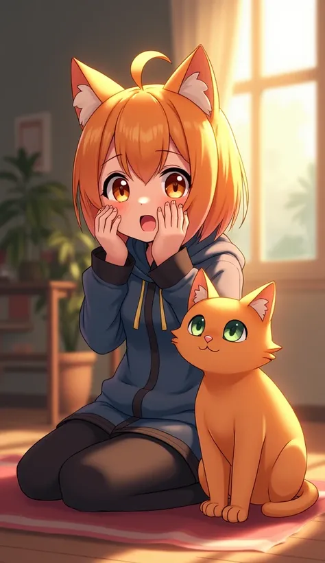 A high-quality, anime-style image of IShowSpeed sitting next to an orange cat. IShowSpeed has an excited expression, while the cat looks calm. The background is a cozy indoor setting with warm lighting.
