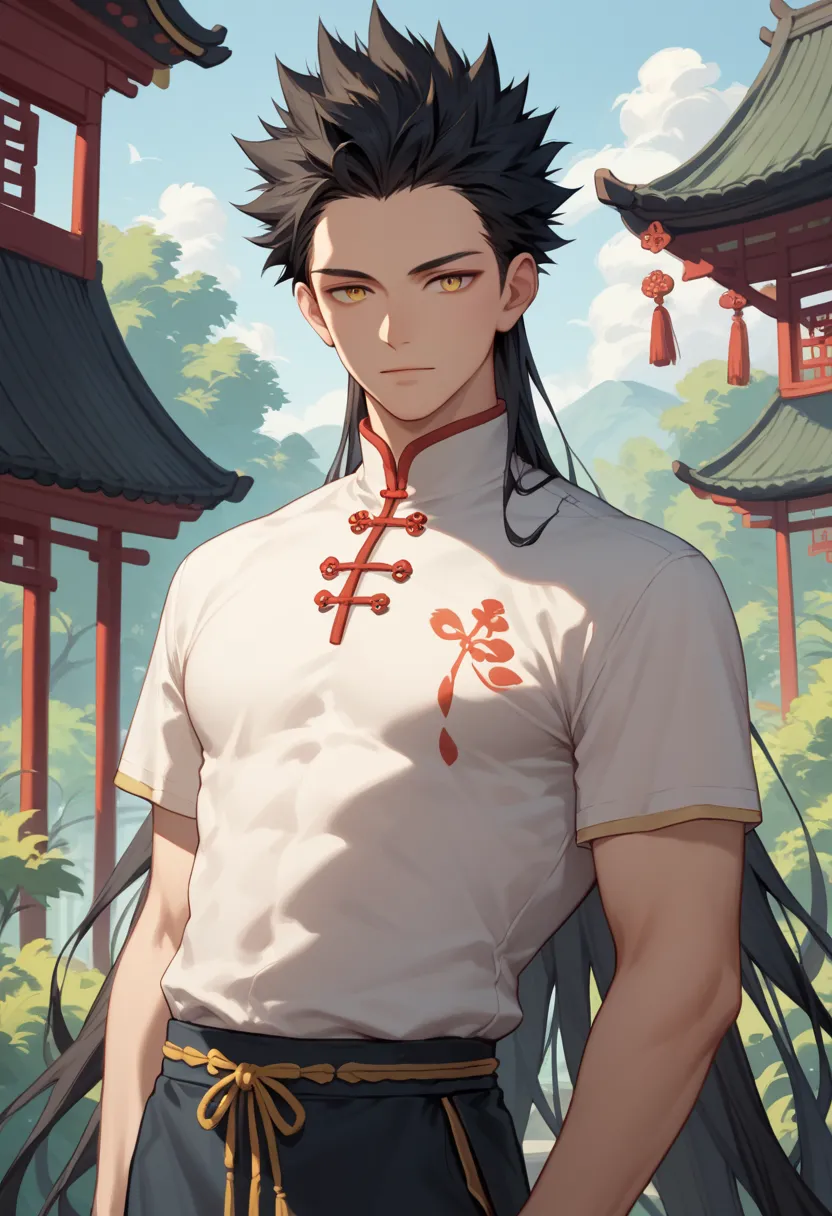 masterpiece, best quality, 
raikonbb, 1boy, male focus, solo, yellow eyes, black hair, spiked hair, very long hair, 
chinese clothes, shirt, white shirt, 
outdoor