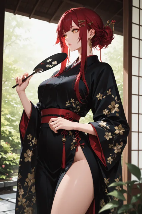 masterpiece, best quality, amazing quality, very aesthetic, cowboy shot, 1girl, golden eyes, asymmetrical hairline, very long sidelocks, red hair, long hair, hair bun, ((hairclips)), medium breasts, (petite but curvy), black japanese traditional dress, jew...