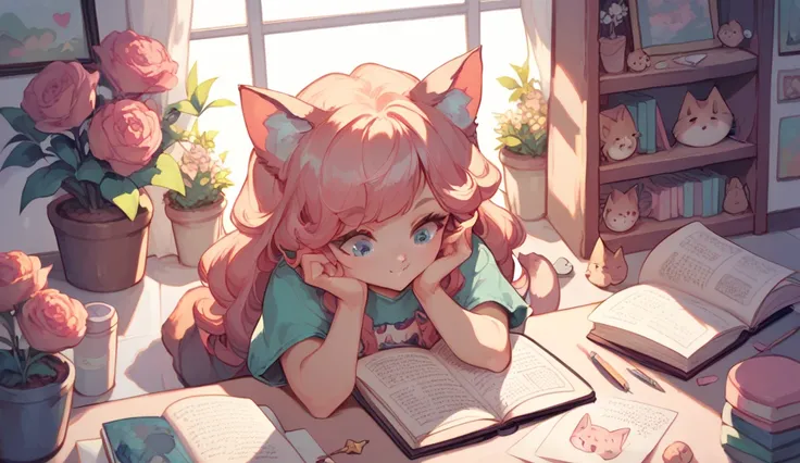 cute and cute cat girl in a cute bathroom, studying with a notebook, with a dolls, with flowers around, light colors, pastel tones, raimbow hair
maximum resolution, texture, painting style, high resolution and high quality photography