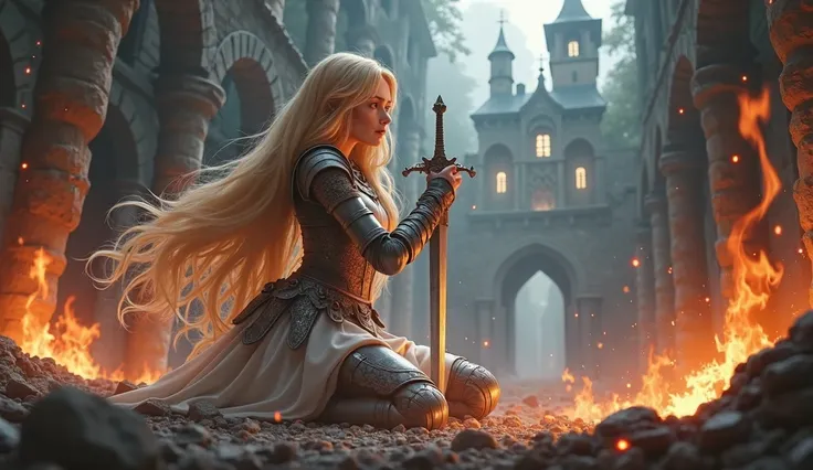 Anime dark theme, Princess with long golden hair and light white armor, kneels with a silver sword stabbed into the ground, her eyes filled with despair as she fighting demons amidst flames around her and the ruins of a destroyed castle.