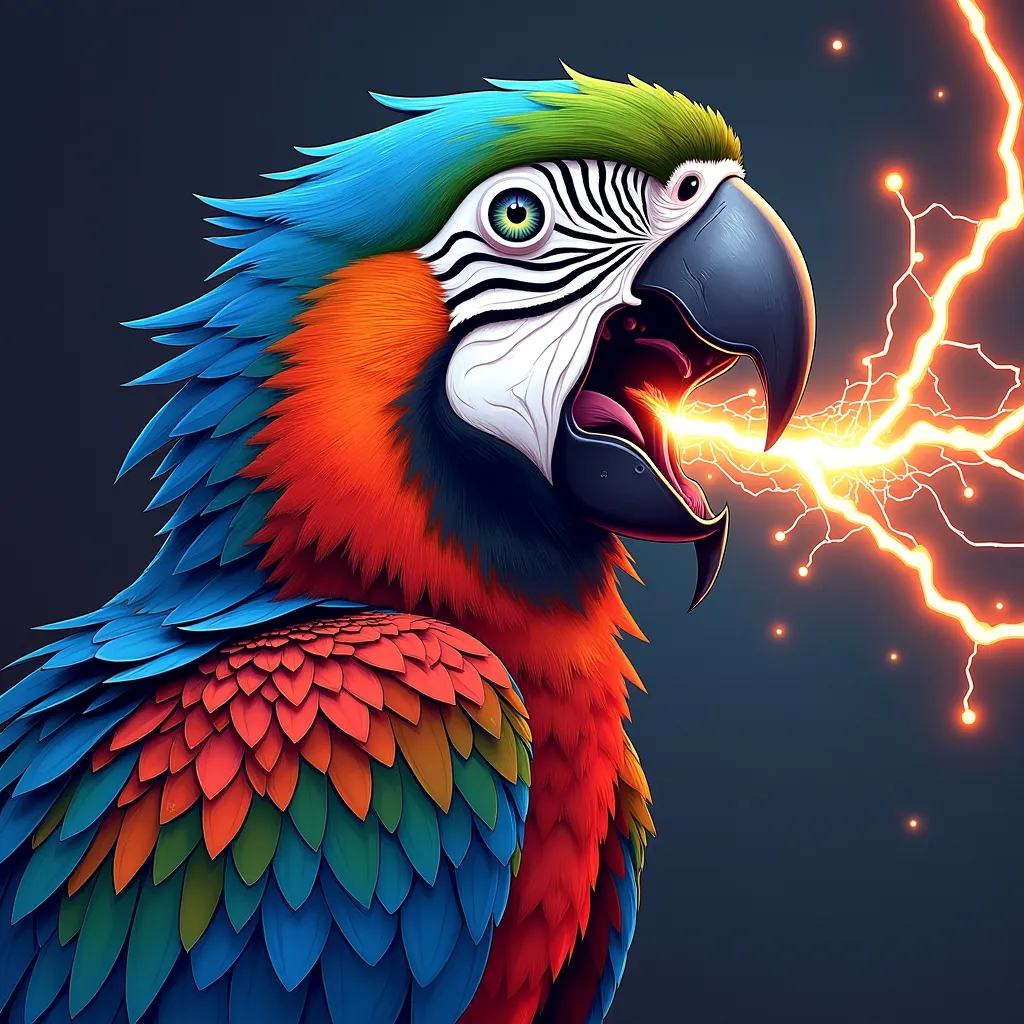 NFT 3D woodcut colored macaws strong colors wild animal 
 Angry giant shooting lightning through the mouth flashy l, Cornos brilliance,  diffracted rays, anime style, looking at the viewer, blue eyes, looking at the viewer, Braid, ponytail, Open Mouth, bri...