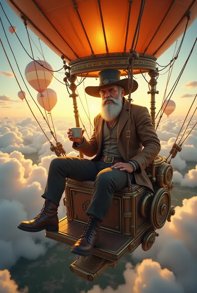 Badass Steampunk man with hat and white, long, Groomed beard, in a hot air balloon, drinking coffee