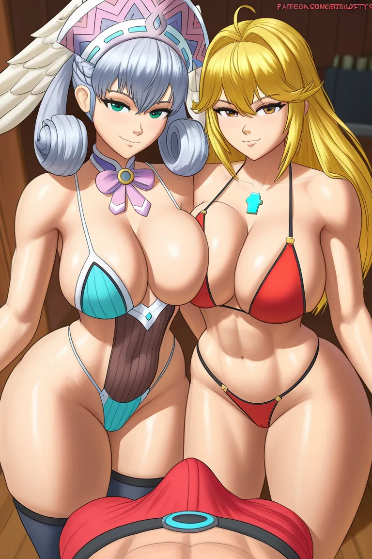 2girls, 1boy, xenoblade chronicles (series),xenoblade_chronicles_1, 1 male Shulk (xenoblade) blonde ,fiora (xenoblade) blonde, melia antiqua, artist:superbusty, skindentation, shiny skin, ,pov,bulge,erection_under_clothes, side-by-side,harem,revealing_clot...