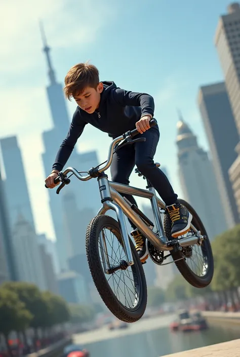 A boy doing a stunt on a silver bike