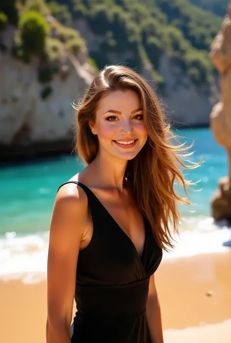 Woman in a black dress with ultra long brown hair on a beach in sicily smiling 