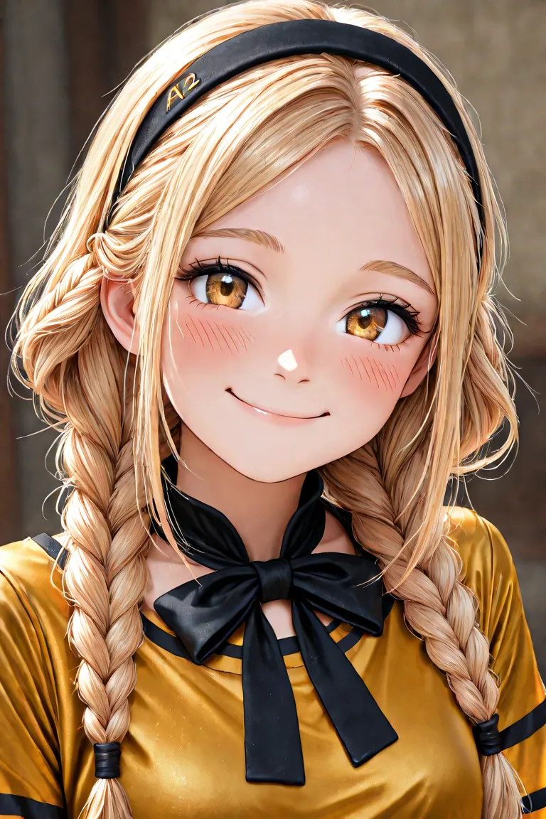 A 2d illustration of anime character, long blonde braided hairs, goggle, head band, cute, blush and smile, portrait, wearing golden colour shirt with black stripe, with bow tie, black stripe on shirt, cheerful,2d illustration, 2d art, braided hairs
