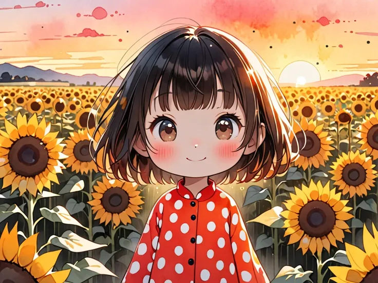  hyperrealism, Simple Line Acronym，Abstract art，Yayoi Kusama style , Kawaii design ,  watercolor, Chibi watching the sunset, sunflowers, best smile