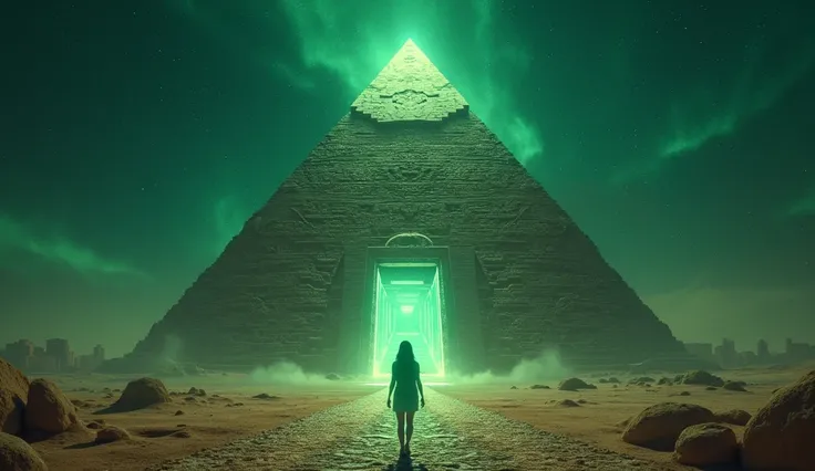 Make an image of a gigantic Egyptian pyramid on a clear dark and starry night receiving strong rays at the tip ,  at the entrance door of the pyramid a portal appears with the image of a futuristic city with sun and blue sky and a green woman walking towar...