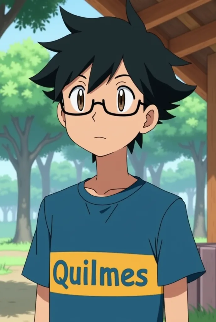 convert the anime-style image reference to " Pokemon "  preserving the characteristics of the original photo, la light skin del chico adolecente, The blue t-shirt with a horizontal yellow stripe that says in the center " Quilmes " in blue color, Black hair...