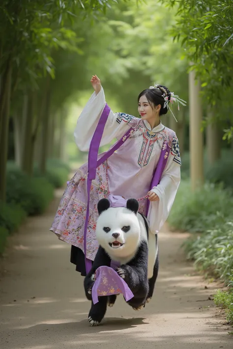 A woman in a traditional costume is running on a panda through a bamboo forest, Hanfu, looks at one woman, palace ， A girl in Hanfu, purple,Hanfu, Wuxi, Full body martial arts, Carafe woman wearing old Chinese clothes , Cyansia Fantasy,  ancient Chinese cl...