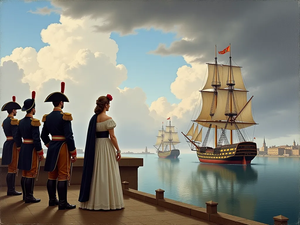 "A detailed and realistic illustration of the embarkation of Dom John VI to Portugal in 1821, leaving their son Dom Pedro I in Brazil. at the port, Portuguese officers observe the departure of the ship, as Dom Pedro and his wife, Dona Leopoldina, look with...