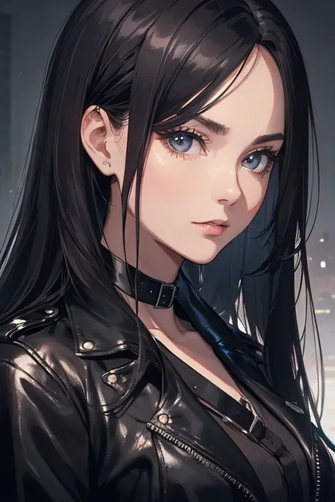                     a beautiful woman            ,      30 years,           with long black hair tied ,  combining black leather jacket, with black blouse and choker with buckle,     in a nighttime setting   , dimly lit ,  Watching the viewer  ((1.2))))  (...