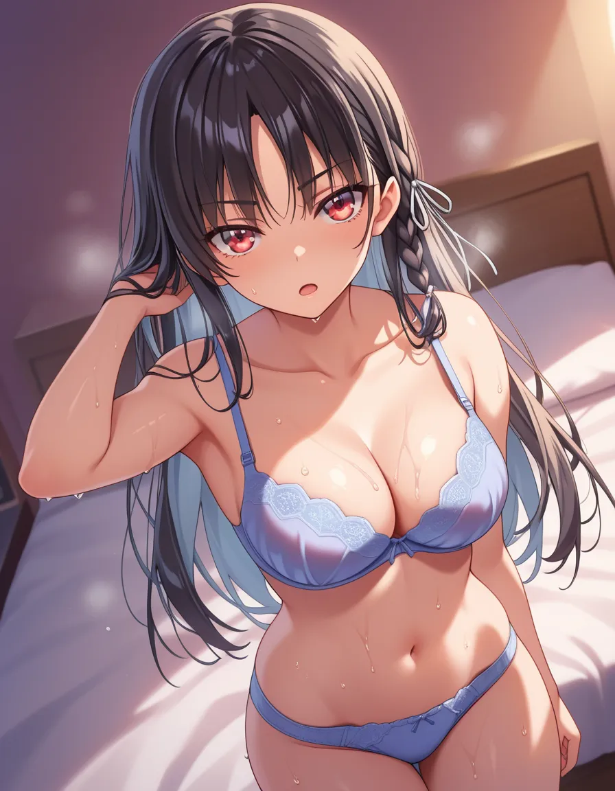 masterpiece, best quality, absurdres, safe
1girl suzune horikita black hair red eyes long hair braid hair ribbon,
, indoor, bed, (bra),(panties) , cleavage, , ,, cowboy shot, wet body, , , dutch angle, , looking at viewer, steam, open mouth, , 