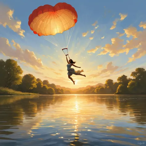 Young woman floats on a river with a heart-shaped parachute 