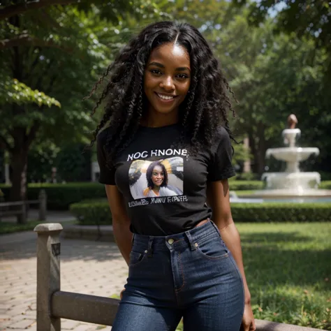 African black woman, very dark ebony skin, long kinky frizzy hair, Fitness musclular body, smile, t-shirt, jeans, close-up portrait, public garden, from face 