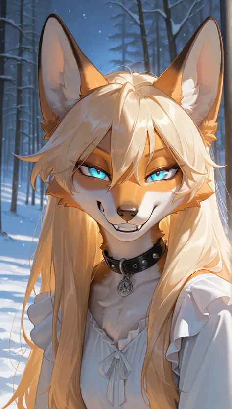 masterpiece, best quality, amazing quality, very aesthetic, high resolution, ultra-detailed, absurdres, newest, scenery, Female, furry, anthro, dark ambient, glow, (detailed winter background, snow and hail:1.1), Golden Blonde messy long hair, anthro furry...