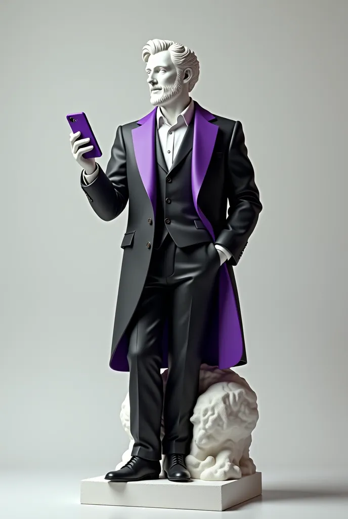 WHITE GREEK STATUE DRESSED IN A BLACK SUIT WITH PURPLE DETAILS HOLDING A CELL PHONE AND LAUGHING
