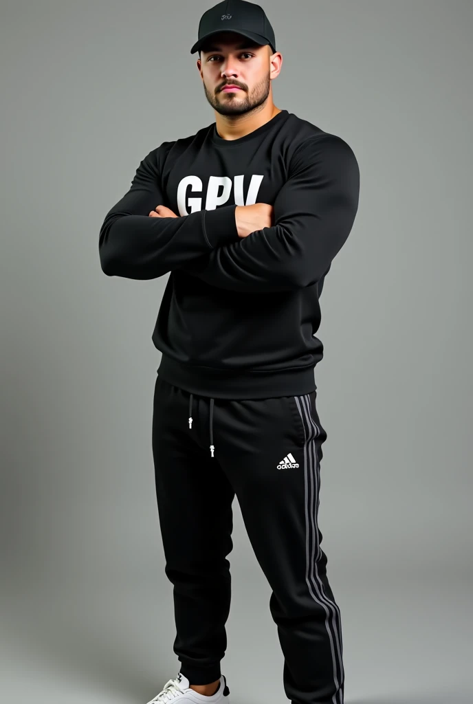 Create a man wearing a black cap , wearing a black sweatshirt written GPV on the front of the blouse, Adidas pants with the three stripes on the side of the pants, wearing a white Adidas,  him showing his muscles with his arms crossed 