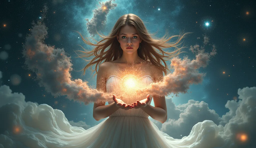 A woman in a short white dress, holding the galaxy in your hands,  brown hair, green eyes