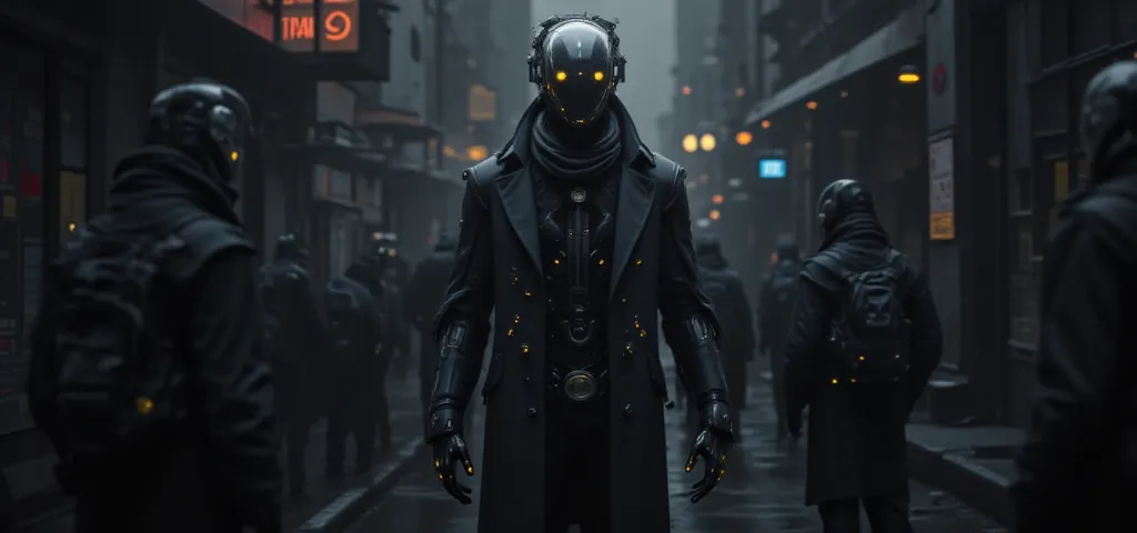 "Futuristic timekeeper with a cybernetic body and a human face, resembling Guy Pearce. He wears a long, dark trench coat to blend into the past, standing in a dimly lit alleyway of 1960s America. His mechanical hands are partially visible beneath his sleev...