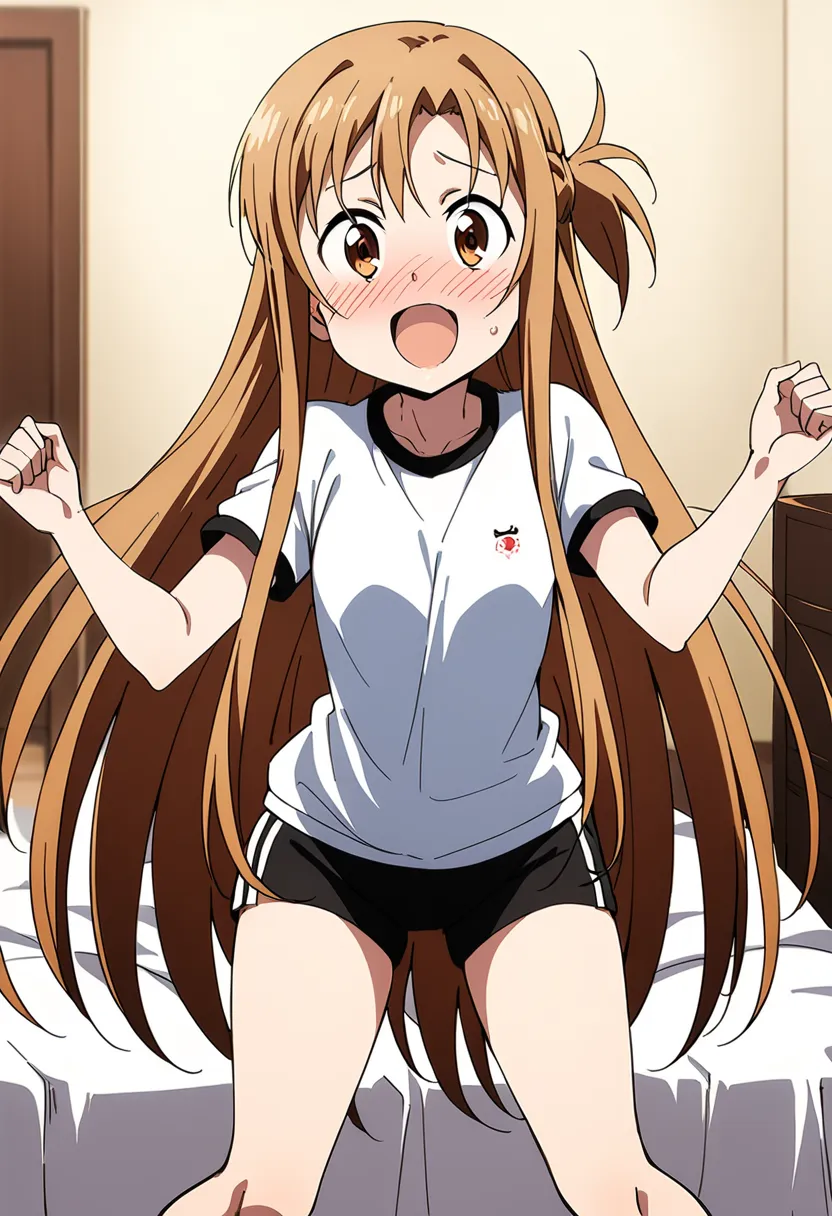 ((Top Quality)), ((Excellent)), (Detailed), Perfect Face, Indoors, Bedroom, Looking at the Viewer,
One woman, Yuuki Asuna,
Open mouth, ecstatic expression, blushing, smiling,
small breasts, flat chested, young girl, loli, , girl,
Long Hair,
Gym clothes, wh...