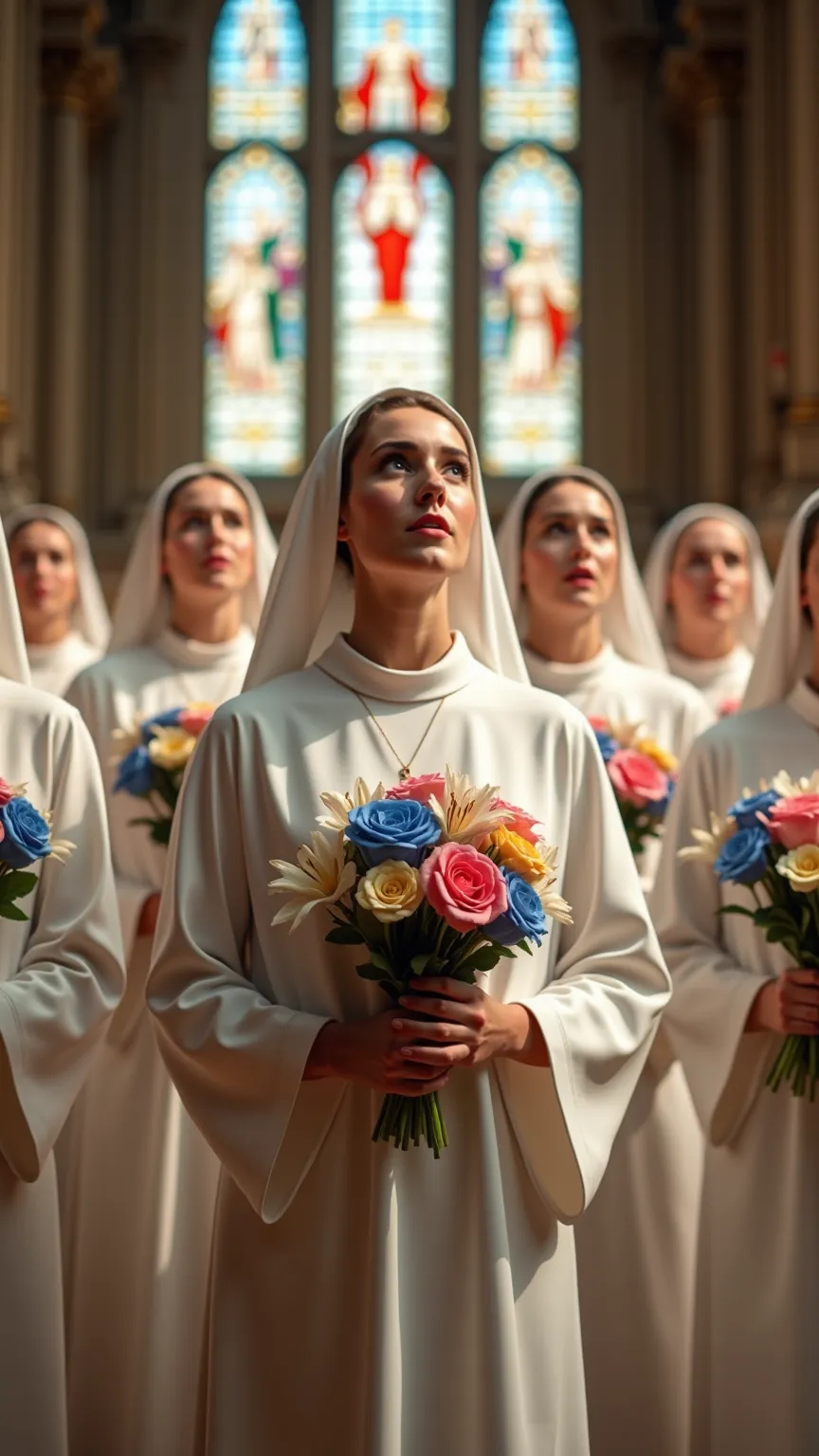 A group of women dressed in elegant white robes with matching veils, standing inside a grand cathedral with stained glass windows in the background. Each woman holds a bouquet of colorful flowers, including roses, lilies, and other blossoms in shades of bl...